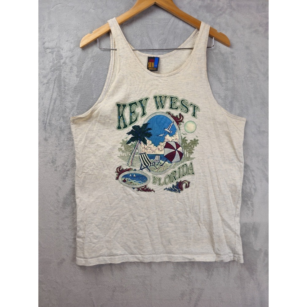 Vintage Sun Key West Florida Tank Top USA Made Men's Large Gray Graphic Print